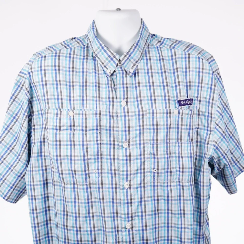 Columbia Super Tamiami Mens XL Blue White Plaid Vented Fishing Shirt Button Down
